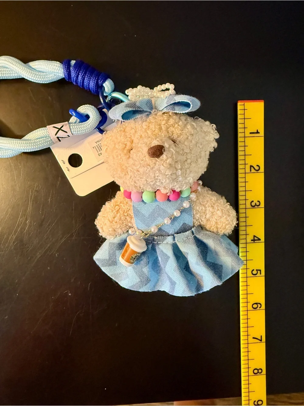 NWT Kawaii Sherpa Teddy Bear Chevron Blue Dress Coffee Plush Bag Charm/Keychain